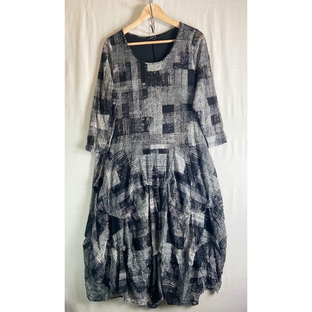 Comfy USA Lagenlook Abstract Grid Print Bubble Hem Midi Dress Black White Large